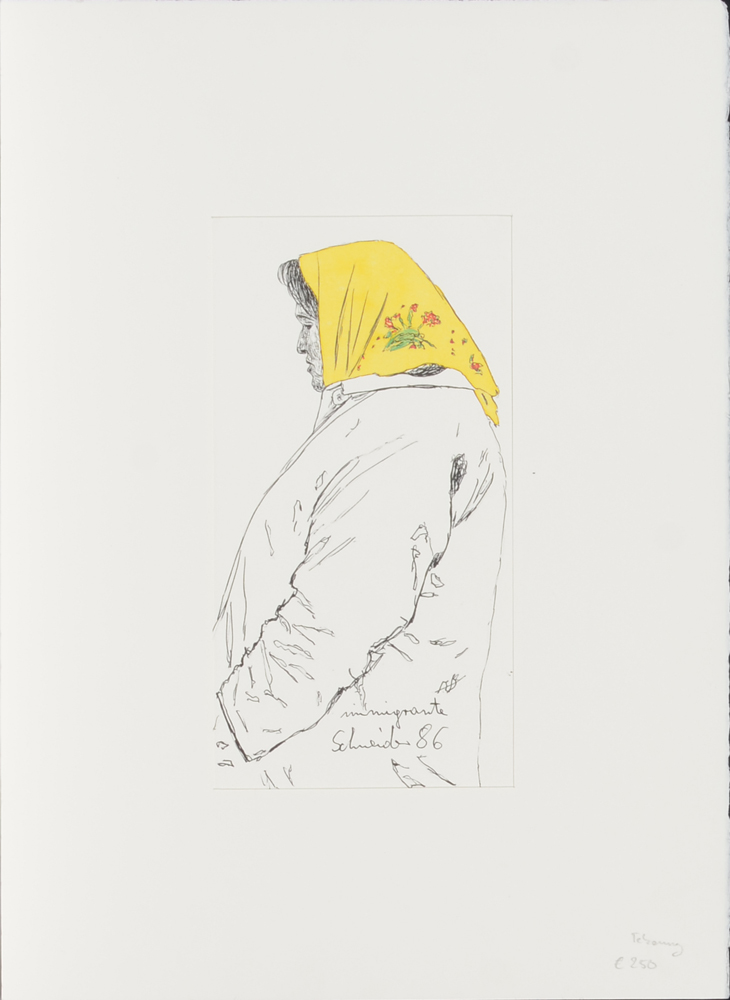 Jürgen Schneider Immigrante  — Dessin d'une femme au foulard, signé et daté.