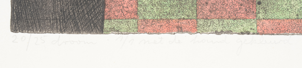 Jürgen Schneider 'Droom' Justification, title and text  — Justification 20/25, title 'Droom' and text '1/1 met de hand gekleurd' written in pencil on the bottom left.