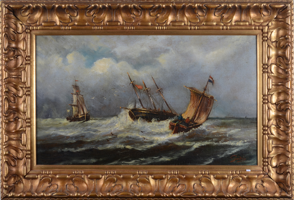 a decorative late 19th century seascape in the romantic style — Tableau romantique, marine, huile sur toile avec signature
