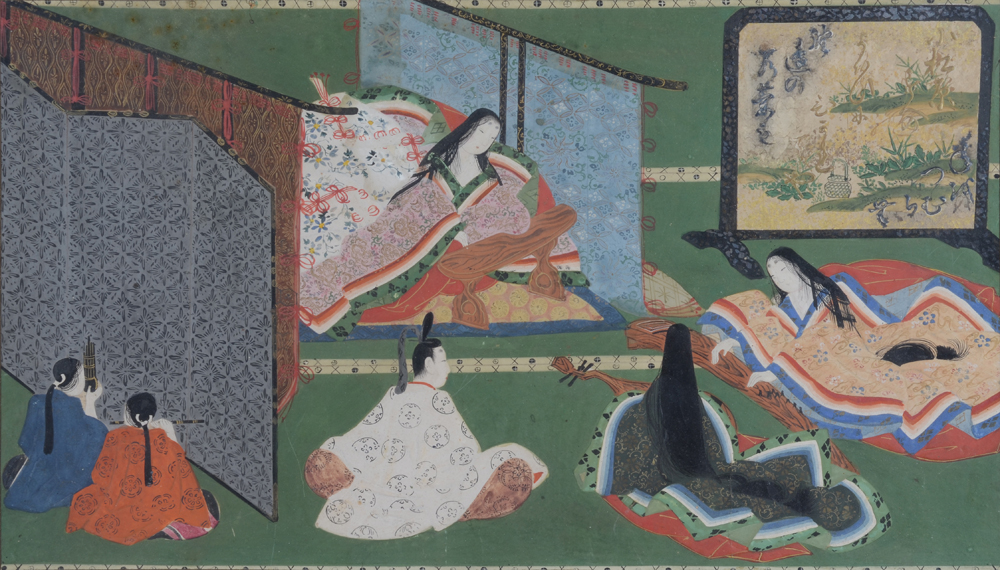 A Japanese painting of court musicians in an interior — Peinture sur papier originale, 19e ou plus tôt, provenance Raphael Petrucci