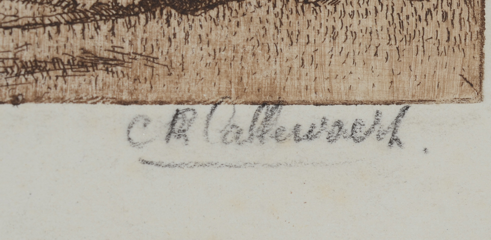 Charles-René Callewaert landscape with harverster — Signature of the artist on the bottom right of the etching.