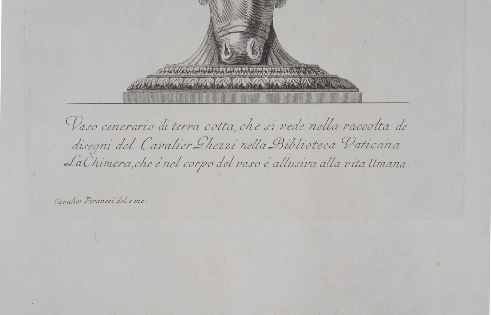 Piranesi Vaso cenerario di terra cotta  — Detail of the text and printed signature at the bottom of the image