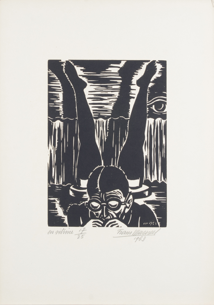 Frans Masereel — Curieuse gravure sur bois de 1953, signée et justifiée sur seulement 25 exemplaires