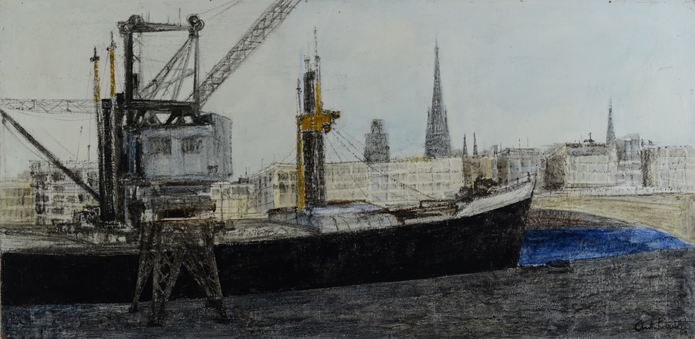 Toon Bogaert — Le port de Rouen, huile sur panneau d'isorel, signée et datée en bas à droite