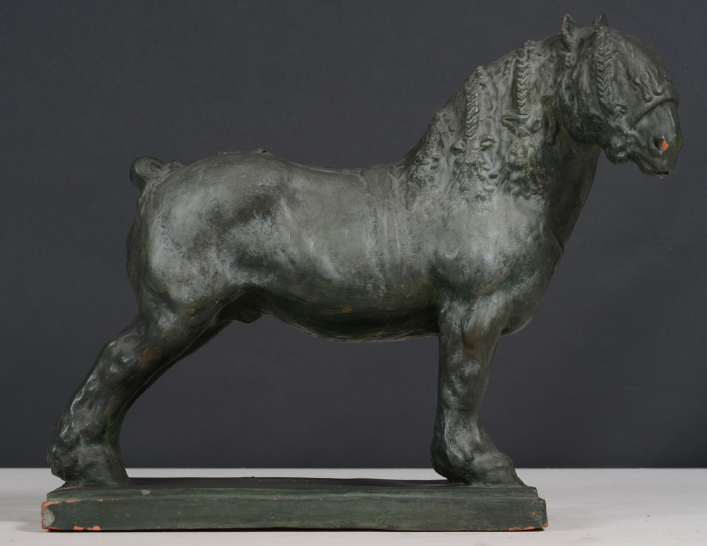Domien Ingels — cheval de trait, rare exécution en terre cuite patiné, signé
