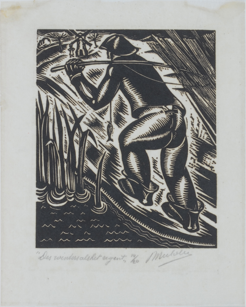 Jan Mulder 'Des winters als het regent' linocut — Lino gravure expressioniste par Jan Mulder. Titre et justification présent, signée par l'artiste.