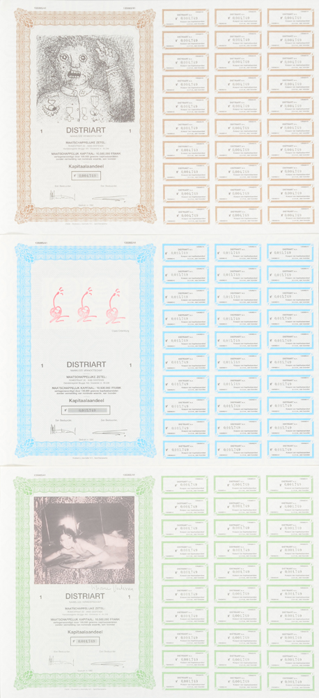 'Distriart' collection of 16 shares and illustrations — Exemples de quelques actions/illustrations de collection 'Distriart'. Exemples numeros 04, 15, 01.