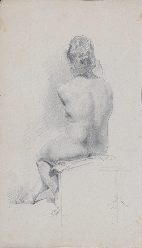 Armand Heins — Beau dessin d'étude d'un ne vu de dos, signé avec le monogramme