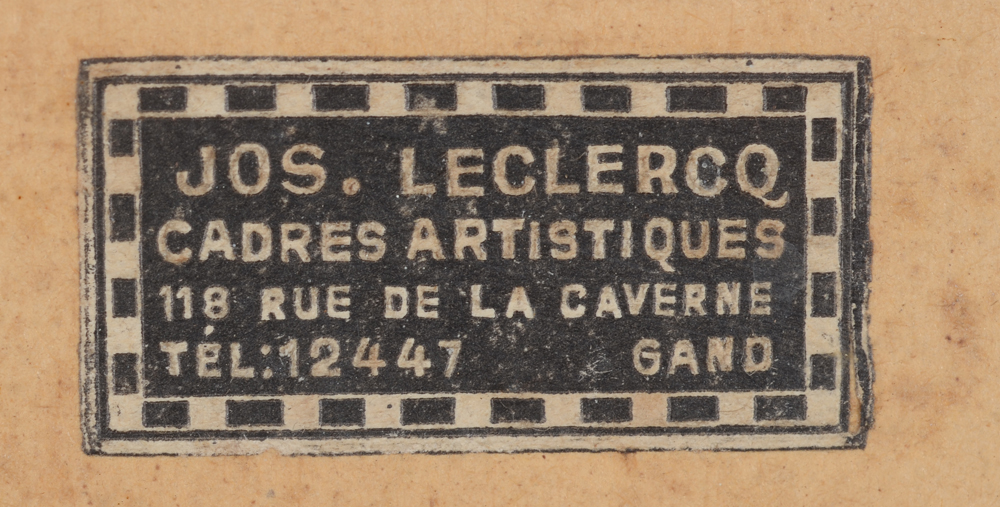 Jules De Bruycker, Kerwinkel onder de draake — The original framer's label on the back of the work