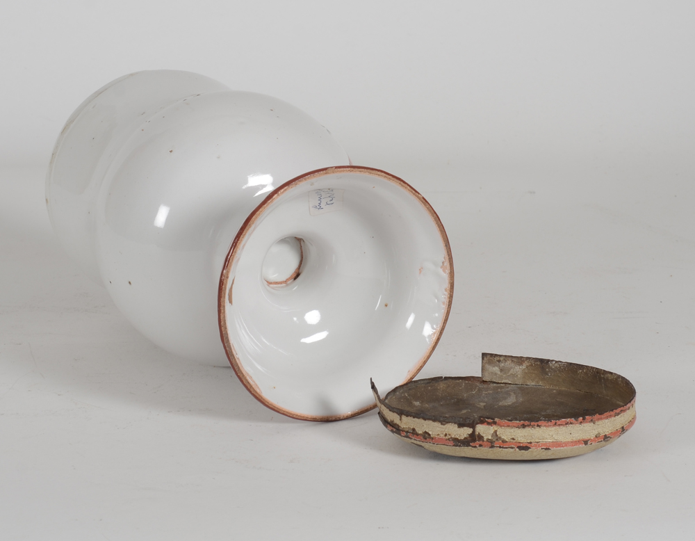 French glazed eartenware apothecary jar with tin lid — bottom of the pot de pharmacie