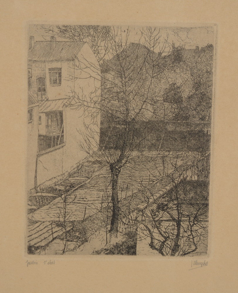 Jules De Bruycker, Jardin (urban landscape), a rare etching, 1928 — Rare eau-forte de De Bruycker qui n'existe qu'en épreuve d'état.