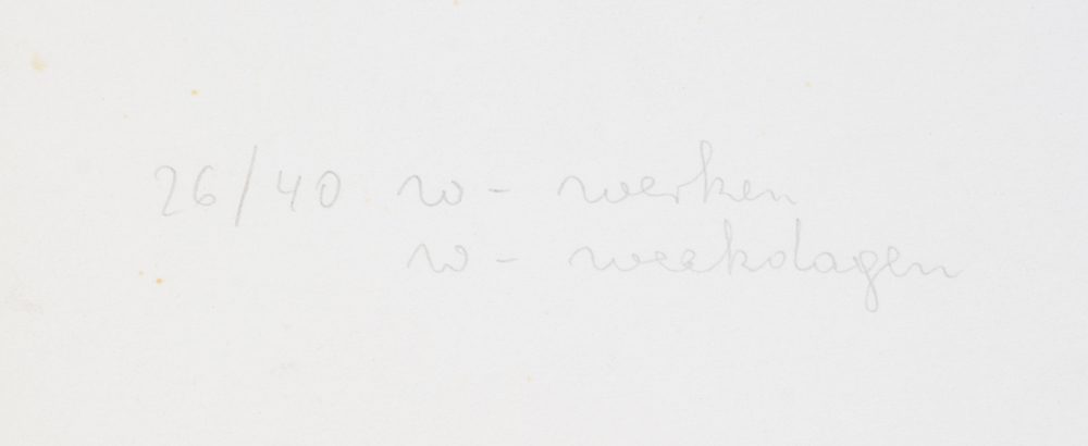 Jürgen Schneider 'w-werken w-weekdagen' screenprint 1970, title — Justification '26/40' and title written in pencil on the bottom left.