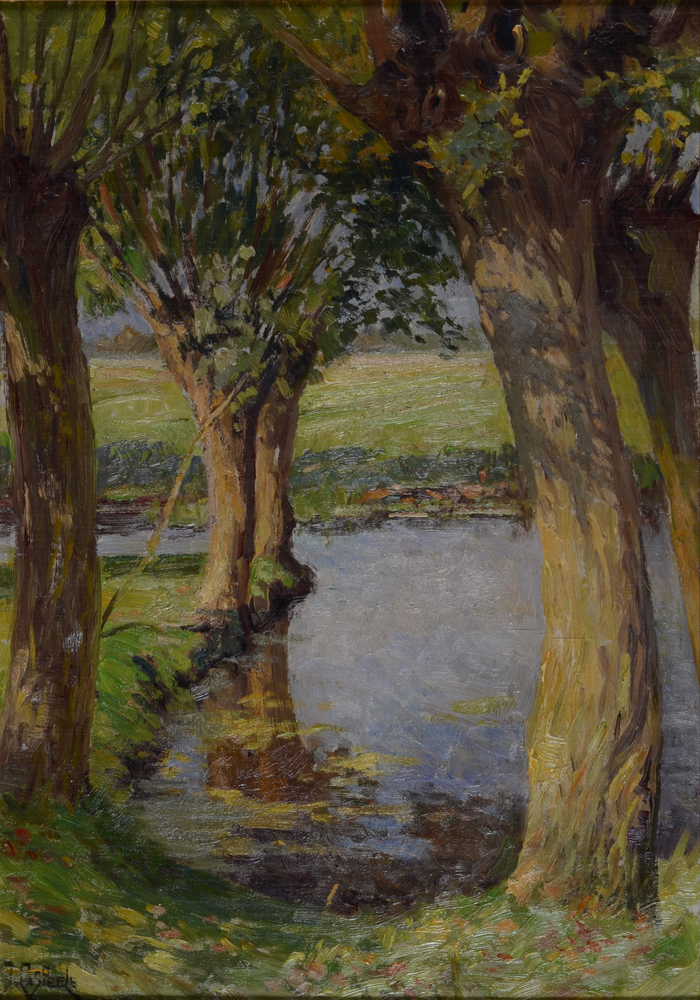 Joseph Roger Caspeele — huile sur panneau, signé, vue de la Lys près de Gand