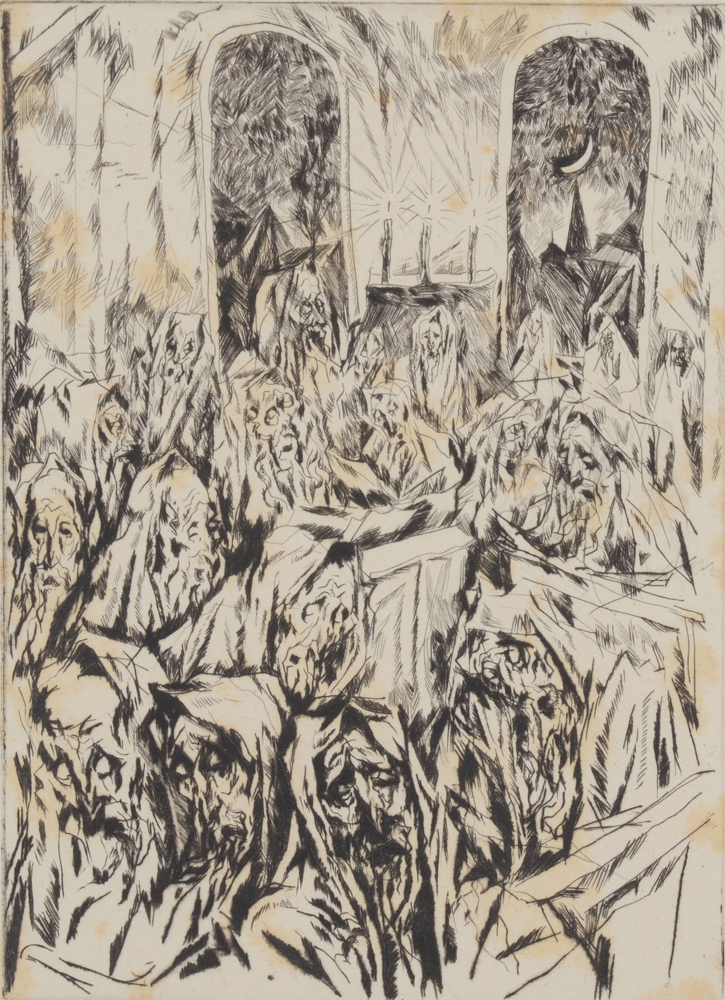 Jakob Steinhardt Prayers at the synagogue  Etching 1913 — Detail of etching<br>