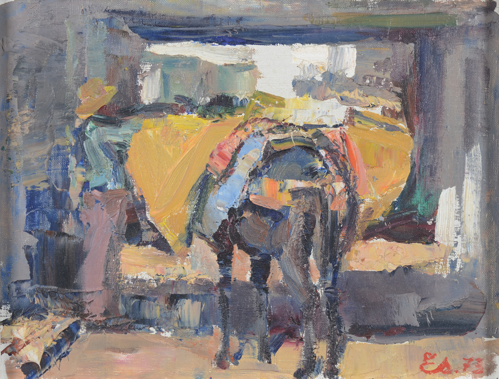 Georges Steel — Etude d'un homme chargeant son âne, huile sur toile marouflée de 1973