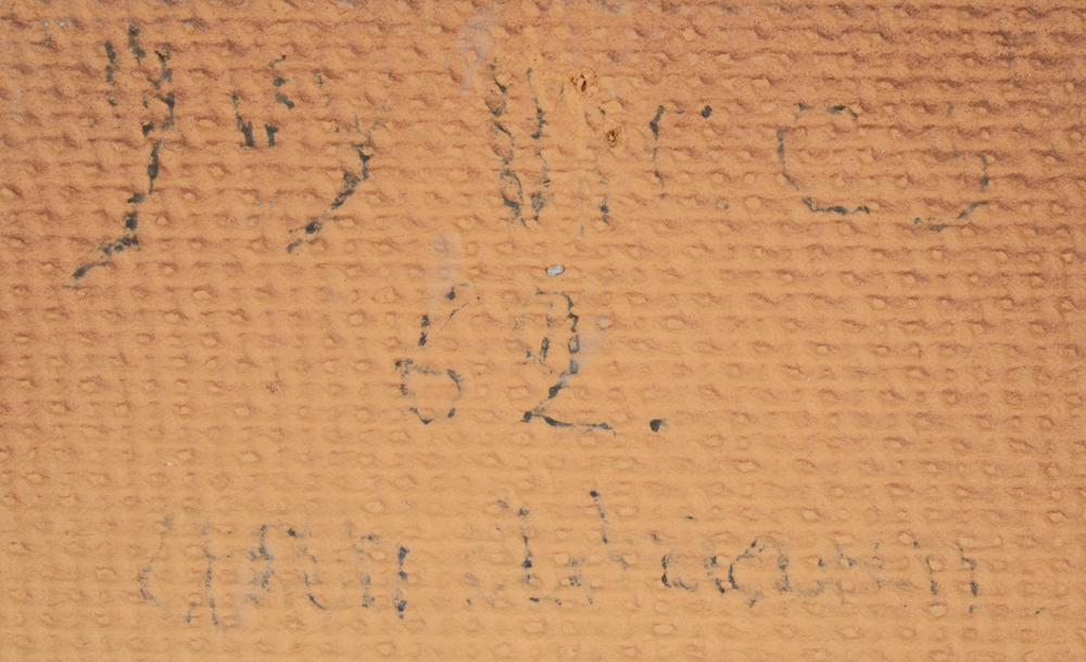 Guy Mees an extremely rare mixed media work with lace 1962 — Detail of the signature, date and dedication