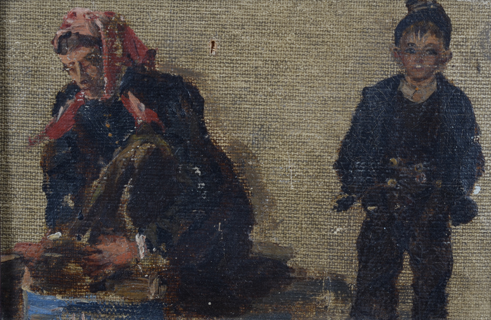 A small oil on canvas study of a peasant woman and boy, ca. 1900 — petit tableau d'étude, non signé mais de bonne qualité