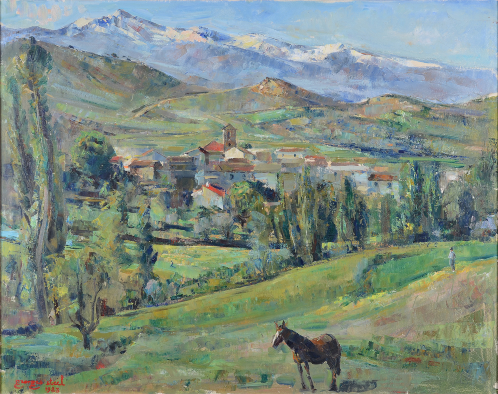 Georges Steel, a panoramic view of Béas de Granada, oil on canvas — Grand vue sur Béas de Granada, la Siera Nevada dans la distance