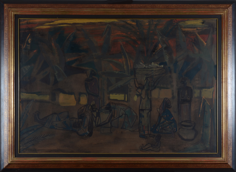 Floris Jespers — Village et scène de marché au couchant, huile sur papier, signé