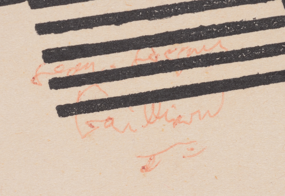 Jean-Jacques Gailliard 'Alcibiade chez Pharnabaze - jouisseur', signature  — Signature of the artist on the linocut.&nbsp;