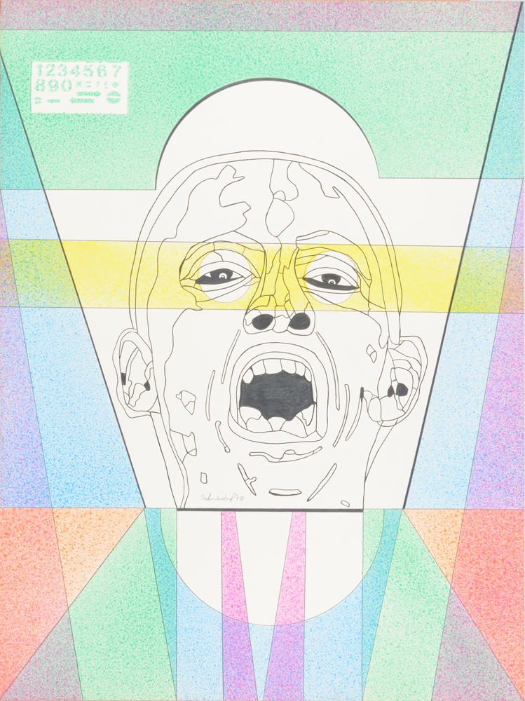 Jürgen Schneider 'Niet stout zijn!'  — Sérigraphie Pop Art de Schneider. Portrait d'un homme. Signée par l'artiste et datée. Titre sur le dos&nbsp;