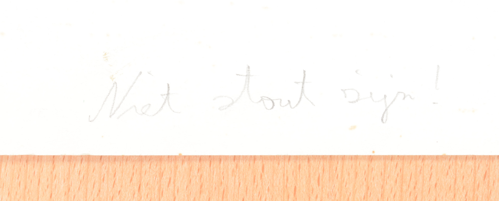 Jürgen Schneider 'Niet Stout zijn!' title — Title on the back of the sheet in pencil.