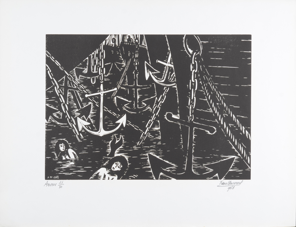 Frans Masereel — Gravure sur bois montrant le progrès humain menaçant les sirènes.