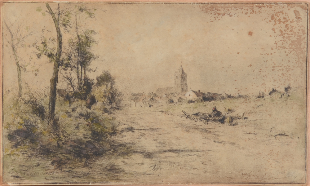 Armand Heins 'à Tessenderloo Campine'  — Eau-forte, pointe-sèche et aquarelle de Heins. Vue sur Tessenderloo. Signé par l'artiste et daté 1887.