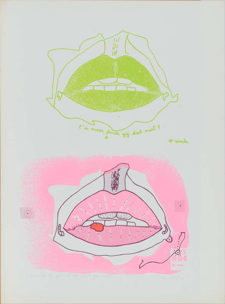 Jürgen Schneider 'Take the pil and do what you will!' screenprint 1970 — Sérigraphie de Schneider. Signée et datée par l'artiste. Justification et titre également présents.