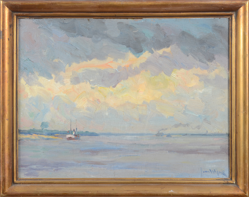 Jaak van Wijck 'De Schelde tegen den avond' Oil painting. — 'L'Escaut vers le soir', huile sur panneau, titre en français sur le dos. Signée, pas datée.