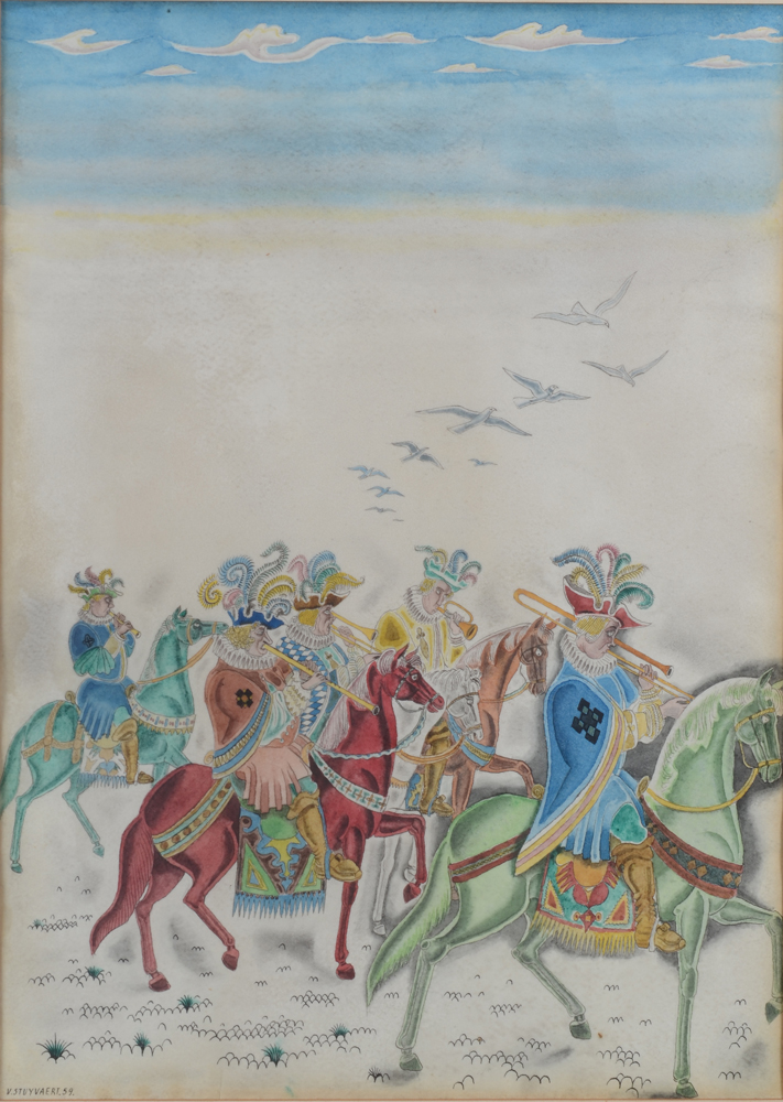 Victor Stuyvaert — Grande aquarelle de ce miniaturiste et illustrateur belge important