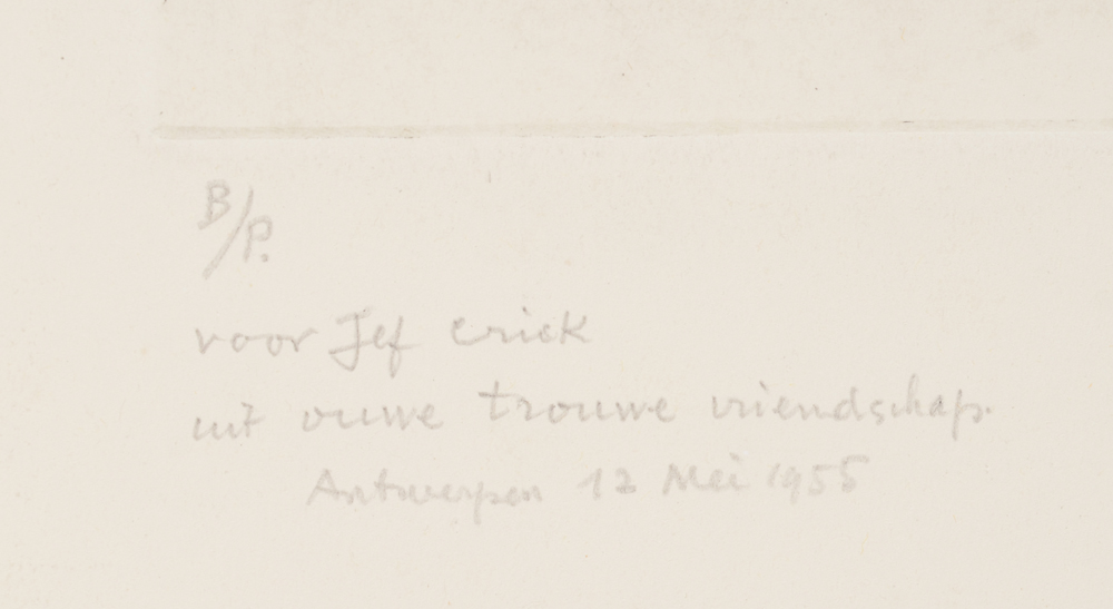 Eugeen Yoors etching of a writer — Dedication to Jef Crick, justification 'B/P' and date.