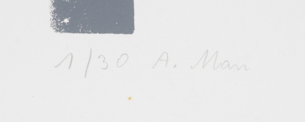 Jürgen Schneider 'A. Man' Screenprint 1970, title — Justification and title written in pencil on the bottom left.&nbsp;