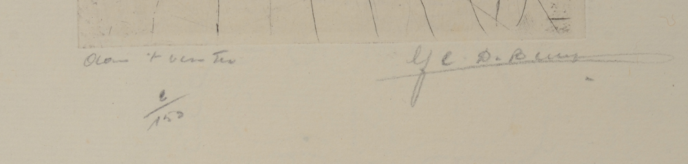 Gustaaf De Bruyne 'Aan't venster' etching — Title, justification (2/150) and signature underneath the etching in pencil.