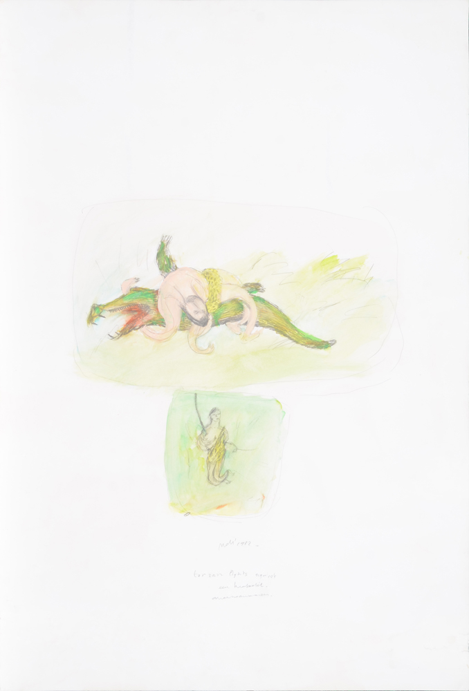 Mario de Brabandere 'Tarzan fights against een krokodil auauauauau' 1982 — Très rare oeuvre originale des débuts de l'artiste, signée, titrée et datée 1982
