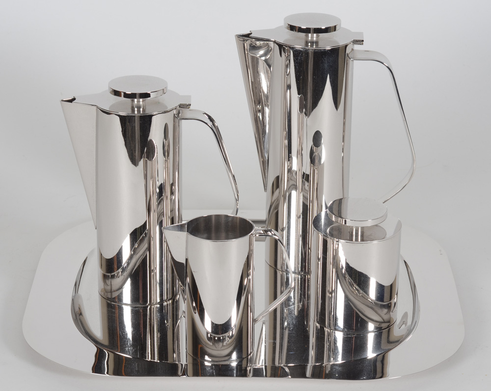 Delheid Frères SA, a Rhodargo 'Climax' coffee and tea set on tray, end of the 1970's — Important et complet service à thé et café, en metal rhodié par Delheid, fin des années '70