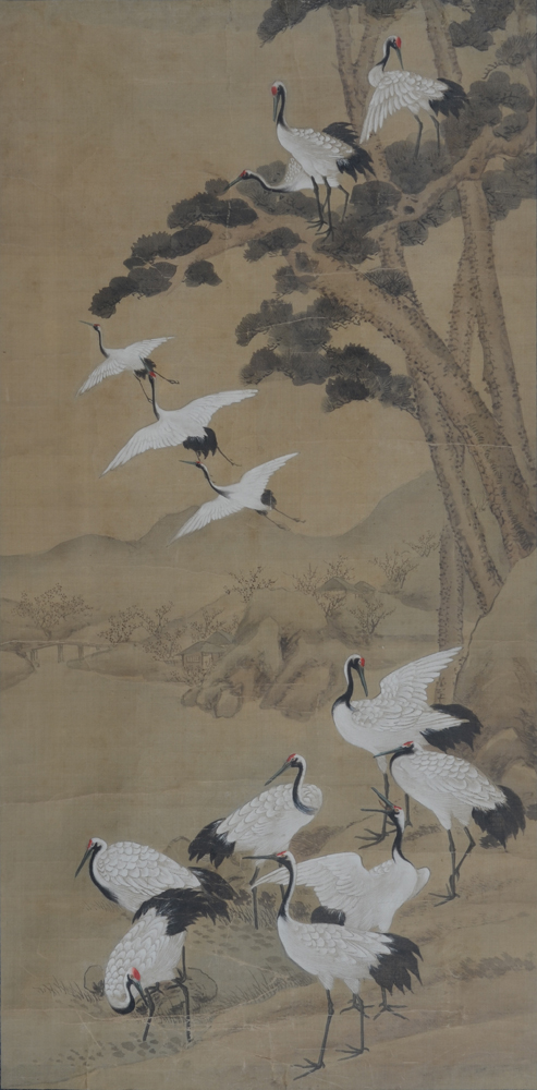 Chinese painting of a flock of cranes — Peinture chinoise sur papier, non signée
