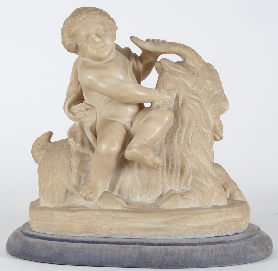 the infant bacchus riding a billy goat, an albaster sculpture — Sculpture de bacchus sur un bouc, albatre