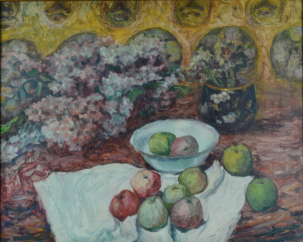 Clémence Jonnaert — Intérieur aux pommes et fleurs, huile sur toile signée
