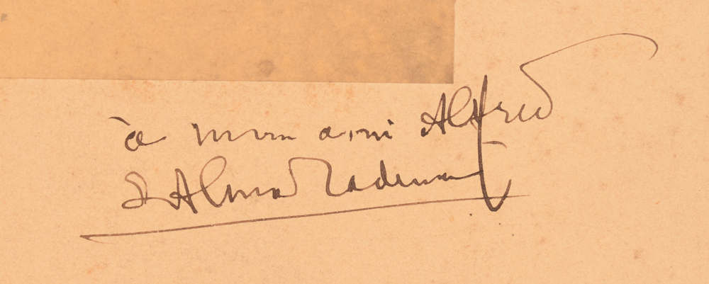 Lawrence Alma-Tadema — Dedication in ink by Tadema to the belgian painter Alfred Verwee