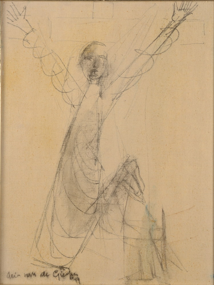 Arie Van de Giessen — Le Christ victorieux, fusain sur toile, signé et daté 1949