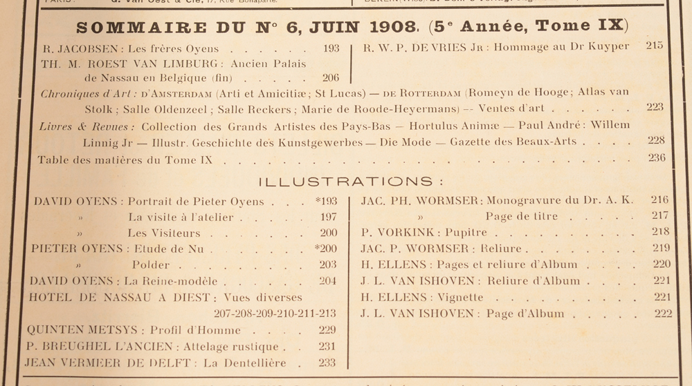 Art Flamand et Hollandais 1908 — Table of the June number