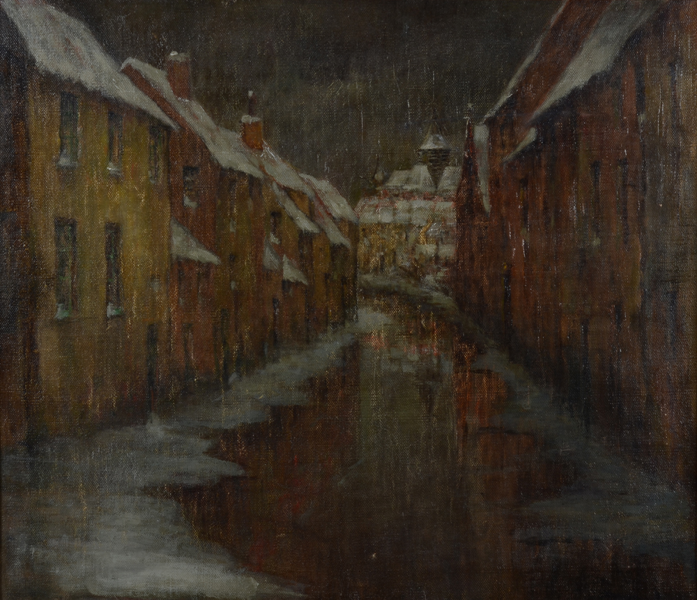 Prosper Böss  — Vue de la ville de Gand dans la neige, avec l'église 'Heilige Kerst' à l'horizon, huile sur toile marouflée
