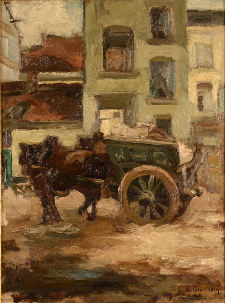 Albert Baertsoen — Vue de ville avec cheval et charette dans la neige, huile su toile signée, ca. 1914