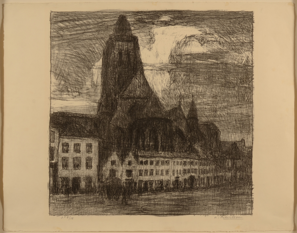 Albert Baertsoen — Vue sur l'église d'Audenarde, très rare lithographie, éditée sur seulement 18 exemplaires. notre ex. numérotée et signée