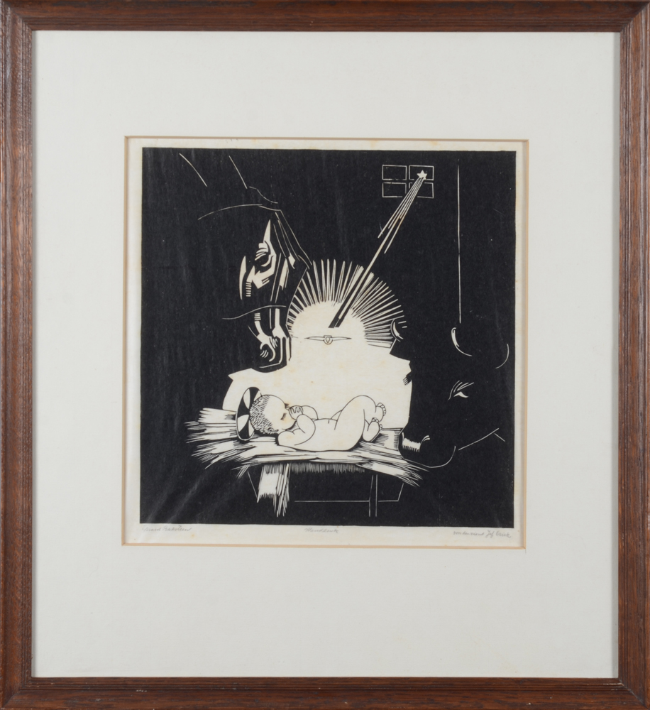 Gerard Baksteen — Nativité, gravure originale sur bois, dédicacée à Jef Crick