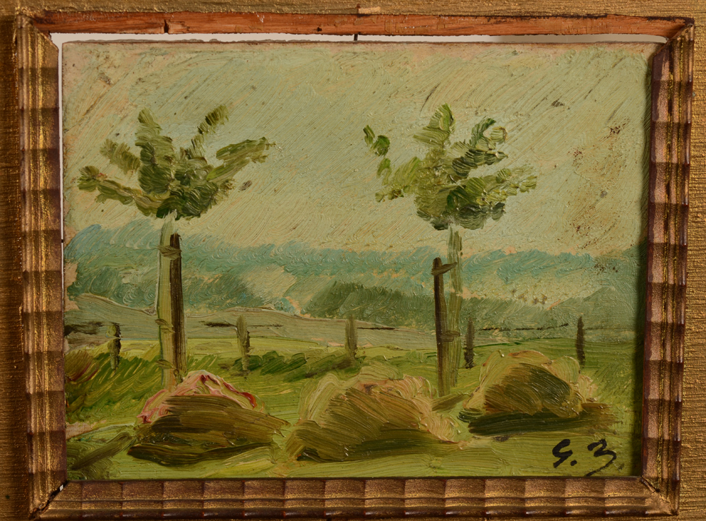 Gustave Balenghien — Detail of the right painting, showing the top of the frame with moulding missing