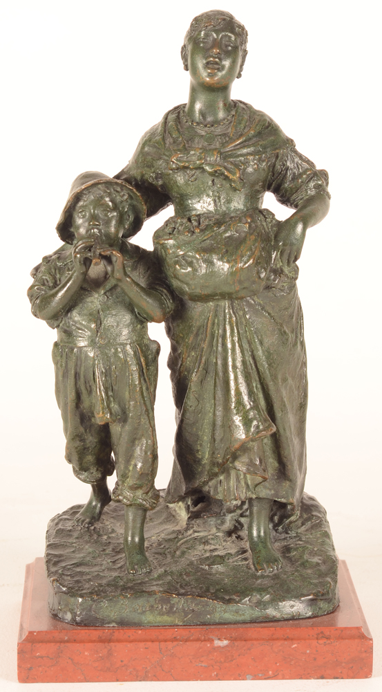Constantino Barbella — La Joie de l'innocense, petit bronze patine sur soccel en marbre rouge, fonte d'epoque