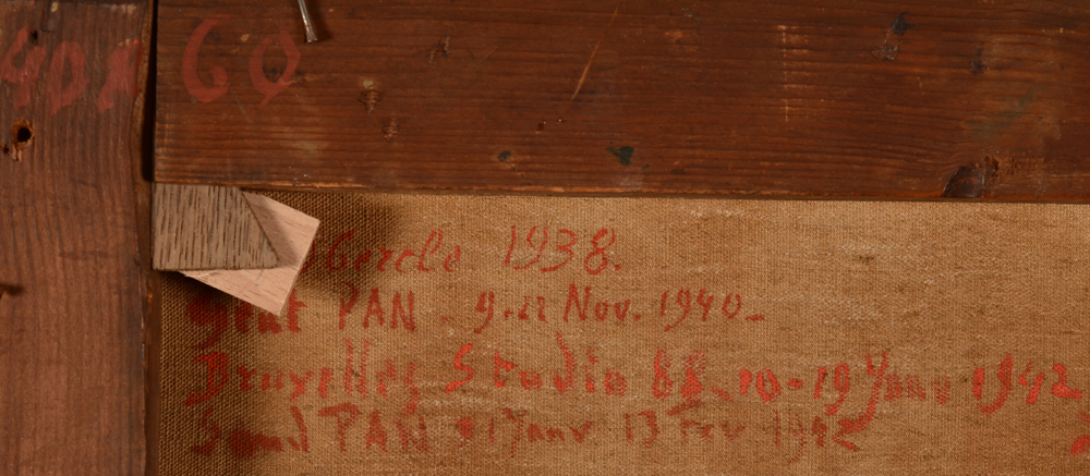Jacques Bergmans  — The list of exhibitions where the painting was shown, at the back in red paint
