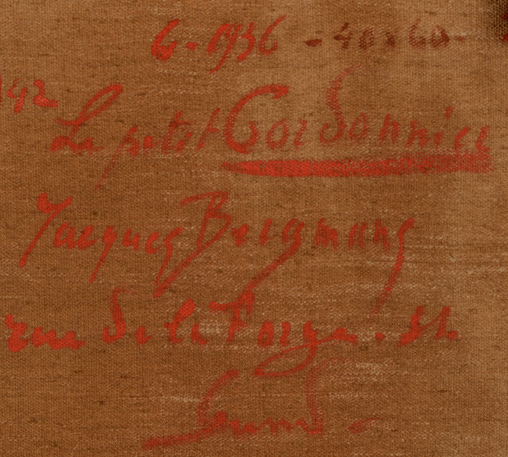 Jacques Bergmans  — Back of the painting with title, signature, date and adress of the painter